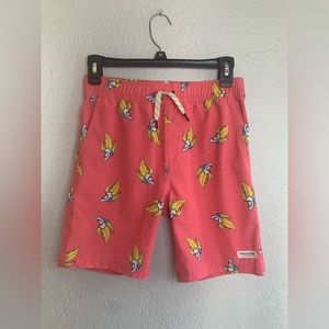 Public Access Sharknana Swim trunks, mesh pockets, tie front coral with sharks